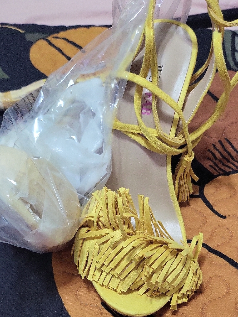 JustFab Yellow Suede Fringe Lace-Up Sandals